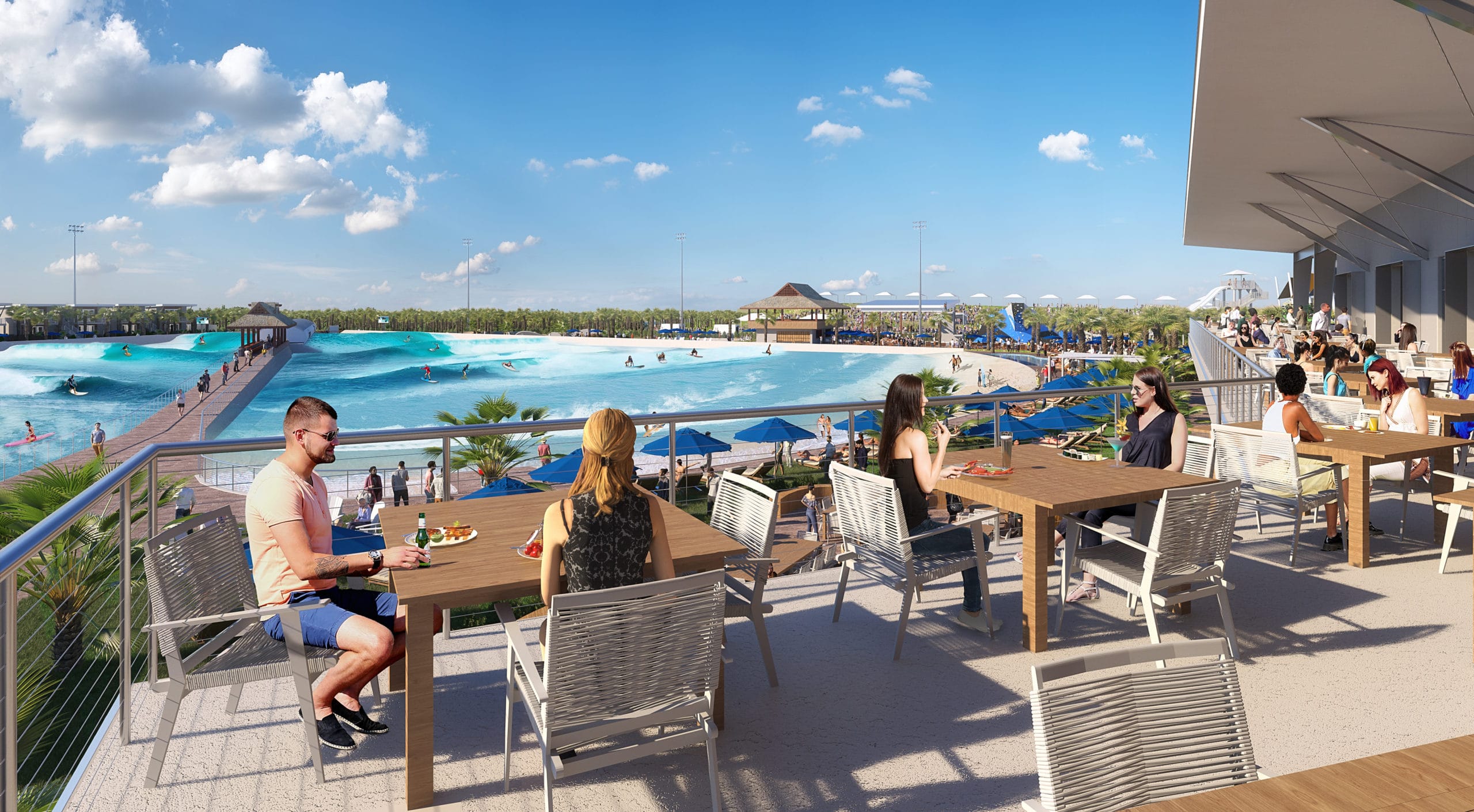 People eating at the surf park